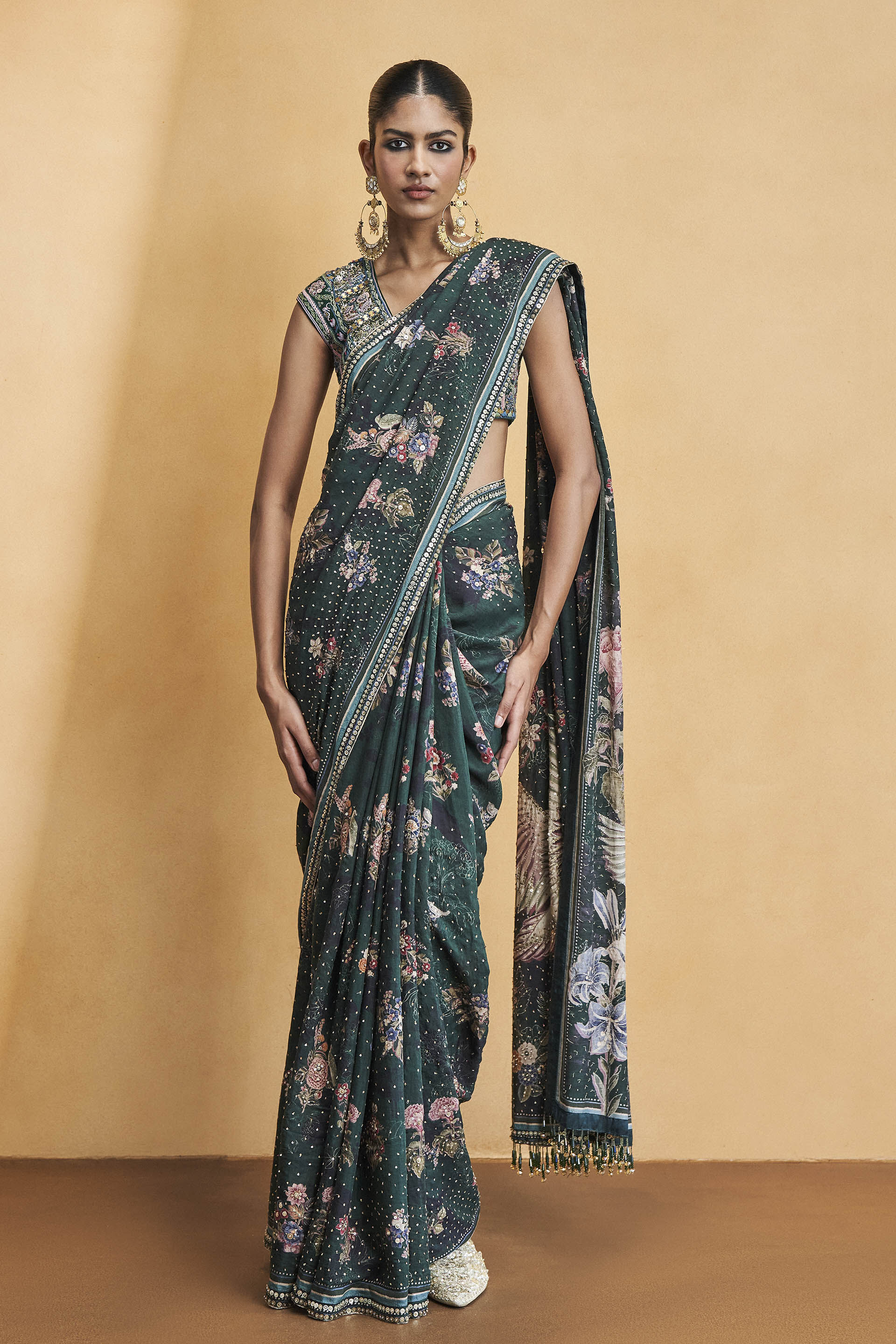 Flamingos In Flight Zardozi Embroidered Saree - Green, Green, image 1